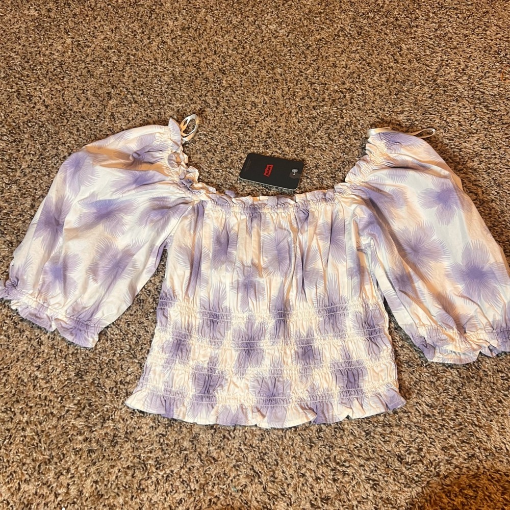 Levi's Smocked Off Shoulder Top Puff Sleeve Blouse Lavender Floral L